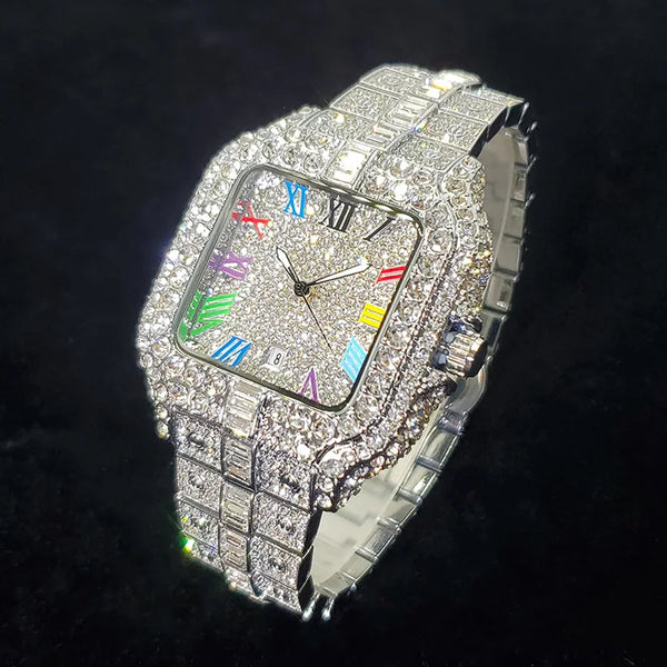 2025 Men's Iced Out Watch – Square, Diamond Bling, Colorful Numbers, Hip Hop Style