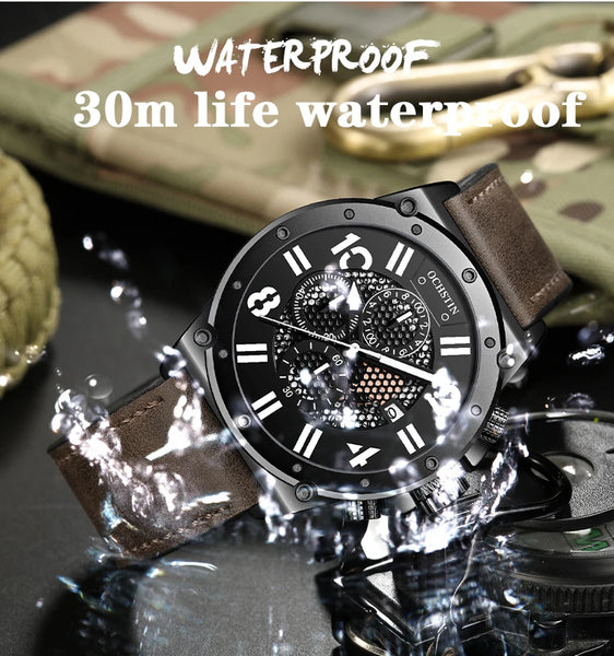 OCHSTIN Men’s Quartz Watch – Waterproof, Leather Strap, Luminous Hands, Multifunction Chronograph