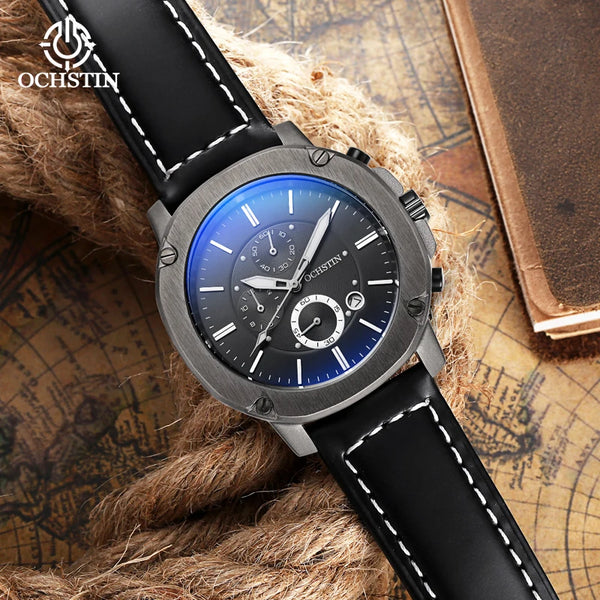 OCHSTIN Men’s Quartz Chronograph Watch – Waterproof, Leather Strap, Multifunction, Casual Business Style