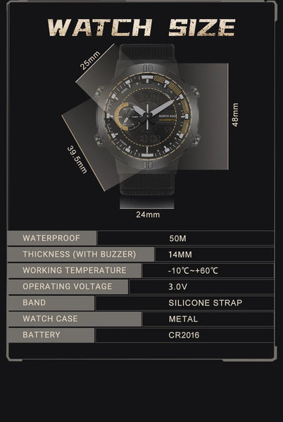 NORTH EDGE 2022 HORNET Men's Digital Watch is a rugged, multifunctional sports timepiece designed for military, outdoor, and athletic use—with world time, stopwatch, countdown, and 50M water resistance.