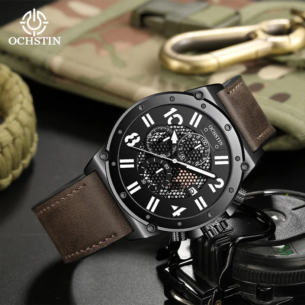 OCHSTIN Men’s Quartz Watch – Waterproof, Leather Strap, Luminous Hands, Multifunction Chronograph