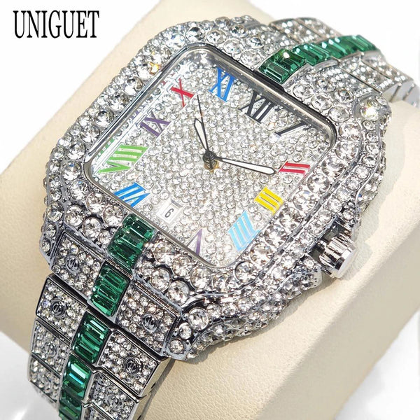 2025 Men's Luxury Watch – Rainbow Dial, Diamond Bling, Waterproof, Hip Hop Style
