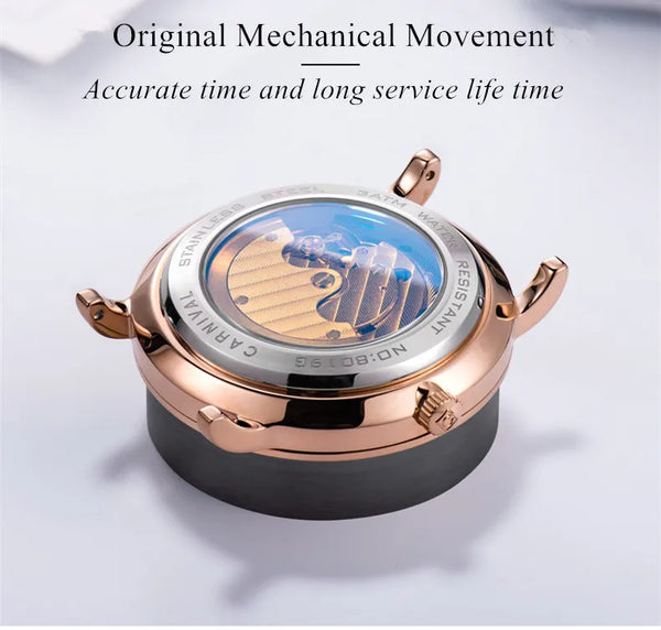 Carnival Men’s Luxury Watch – Automatic Mechanical, Waterproof, Rose Gold/Silver, Calendar