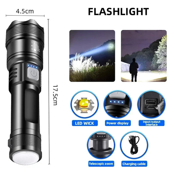 5000LM Powerful P70 Led Flashlights Ultra Bright Tactical Light Emergency Spotlights Telescopic Zoom Light Built-in Battery