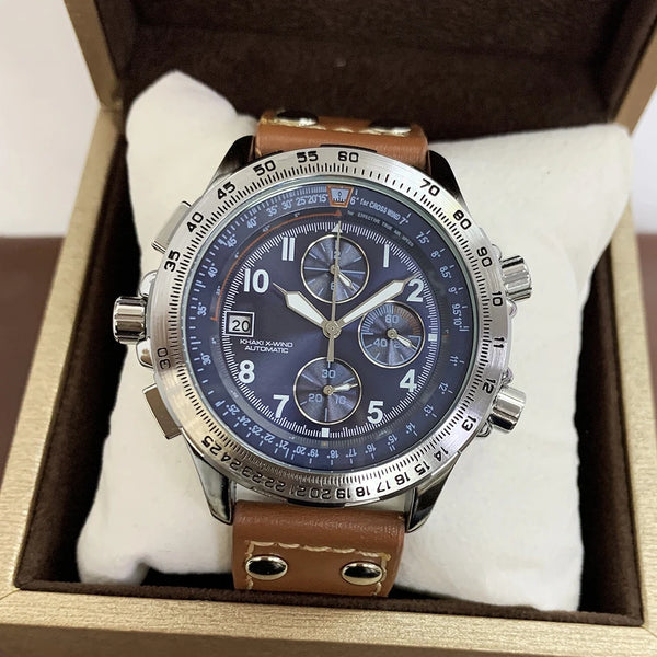 Men's Chronograph Watch – Blue Camouflage Dial, Yellow Accents, Luminous Hands, Leather Canvas Strap, Multifunction Movement
