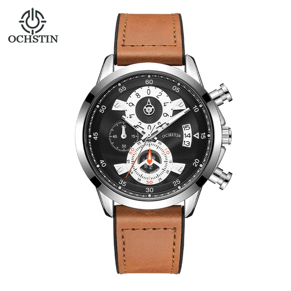OCHSTIN Men’s Quartz Watch – Waterproof, Leather-Covered Rubber Strap, Classic Casual Wristwatch