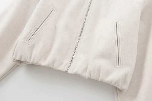 HXAO Women's Cropped Bomber Jacket – Faux Wool Zip-Up Coat, Long Sleeve Autumn/Winter Outerwear in Gray & Beige