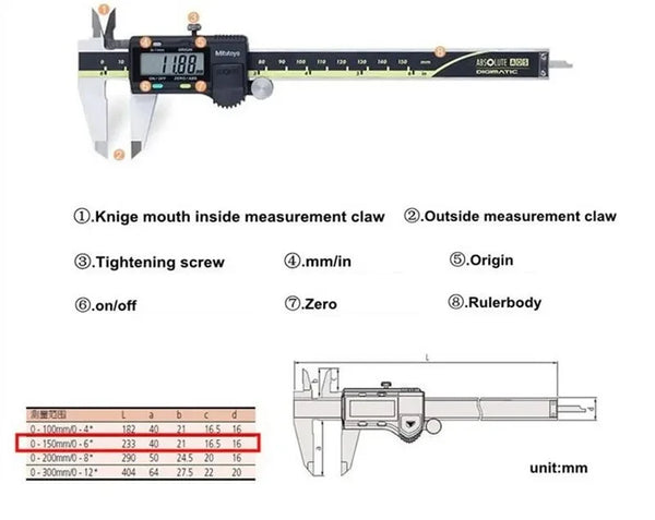 Mitutoyo 500-196-30 LCD Digital Vernier Calipers 0-150mm Electronic Stainless Steel Measuring Tool 6 Inch