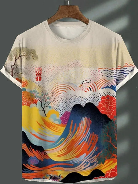 3D Japanese Ukiyo-e Graphic Tee – Casual O-Neck Shirt for Men