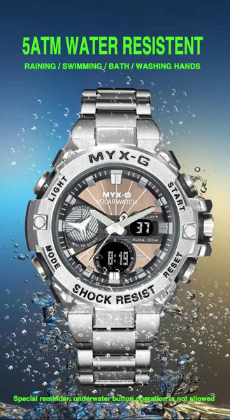 Men’s Eco Drive Watch – Solar + Motion Power, Windmill Dial
This solar-powered men's watch combines kinetic energy, alarm and timer functions, and a unique rotating windmill design—all housed in a durable all-steel body