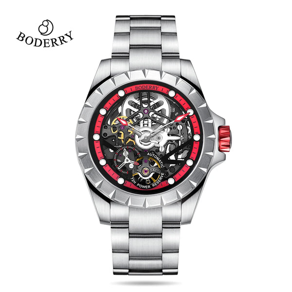 Boderry Windmill Men's Skeleton Watch – Automatic Mechanical Waterproof Sports Wristwatch, Stylish Fashion Timepiece