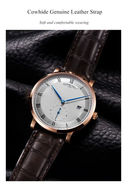 Carnival Men’s Luxury Watch – Automatic Mechanical, Waterproof, Rose Gold/Silver, Calendar