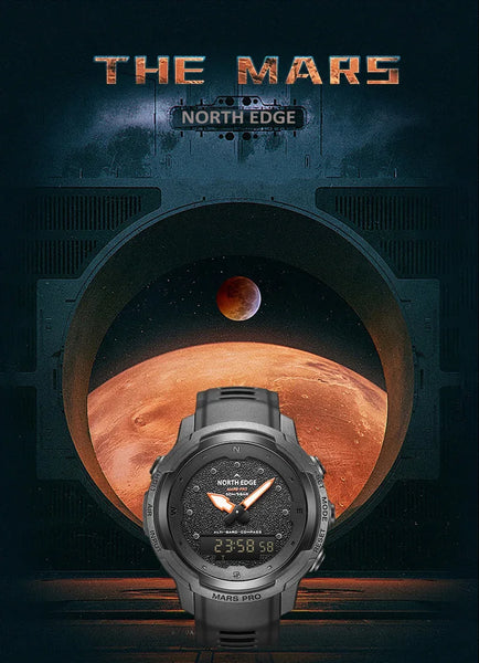 The NORTH EDGE MARS Pro is a rugged, multifunctional digital watch designed for outdoor enthusiasts, military use, and adventure seekers. It features a carbon fiber case, altimeter, barometer, compass, and 50M water resistanc