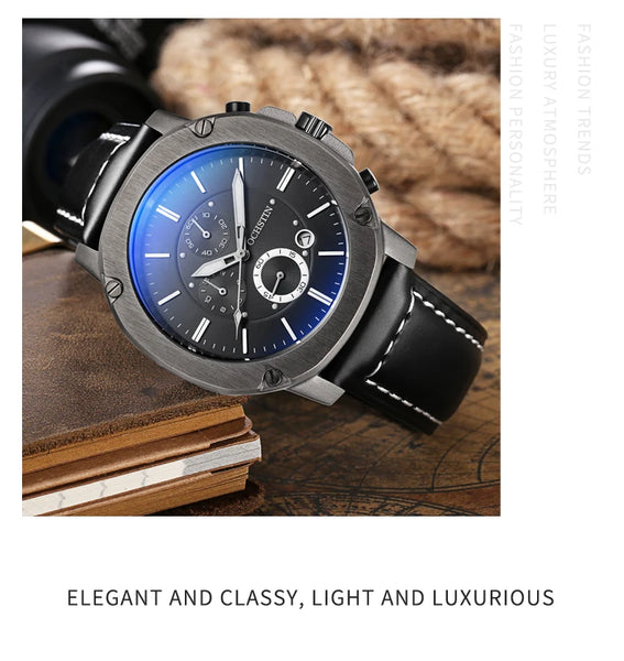 OCHSTIN Men’s Quartz Chronograph Watch – Waterproof, Leather Strap, Multifunction, Casual Business Style