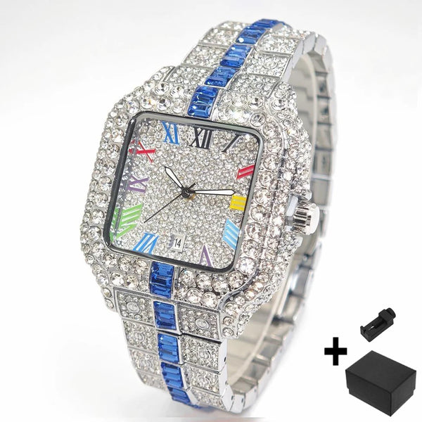 2025 Men's Luxury Watch – Rainbow Dial, Diamond Bling, Waterproof, Hip Hop Style