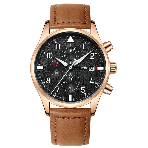 OCHSTIN Men’s Sports Watch – Waterproof Quartz, Calendar, Three-Eye Dial, Leather Strap, Fashion Casual