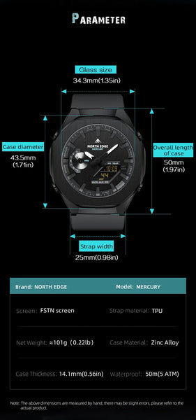 NORTH EDGE MERCURY Sports Watch – Digital Quartz, Stopwatch, World Time, 50M Waterproof