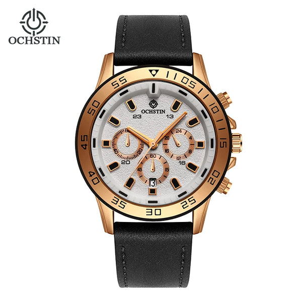 OCHSTIN Men’s Quartz Watch – Waterproof, Leather Strap, 24-Hour Display, Multifunction Classic Wristwatch