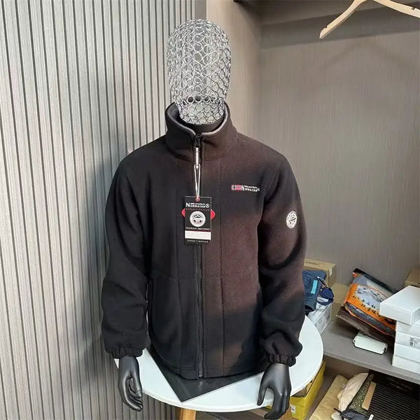 Norway Men’s Winter Fleece Jacket Coat – Thick Warm Casual Zip-Up, Stand Collar, Ameika Style