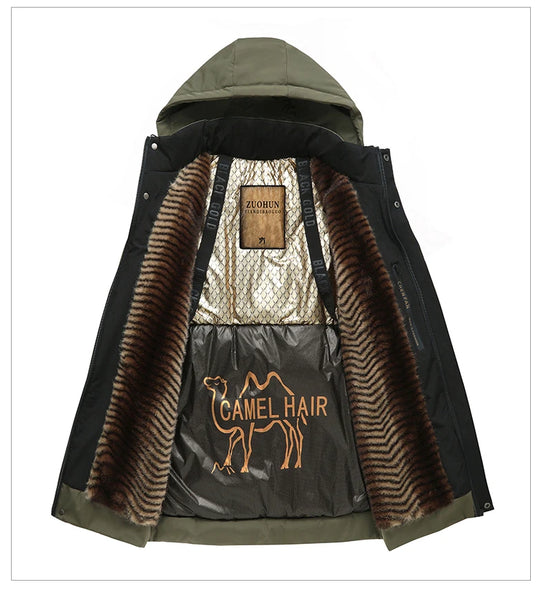 Men's Luxury Camel Fleece Parka Jacket – Top-Grade 5-Layer Tech Windbreaker Coat, Heavy Plush Lining Winter Outerwear