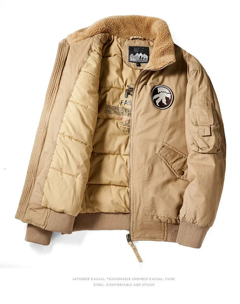 Men’s Winter Aviator Bomber Jacket – Thick Flannel Workwear Parka, Casual Loose Fit, Warm Outerwear