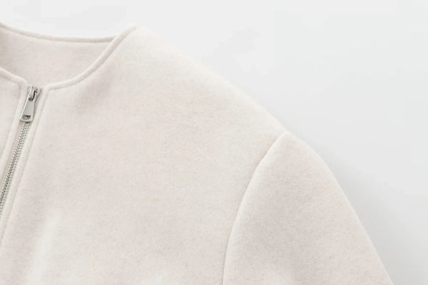 HXAO Women's Cropped Bomber Jacket – Faux Wool Zip-Up Coat, Long Sleeve Autumn/Winter Outerwear in Gray & Beige