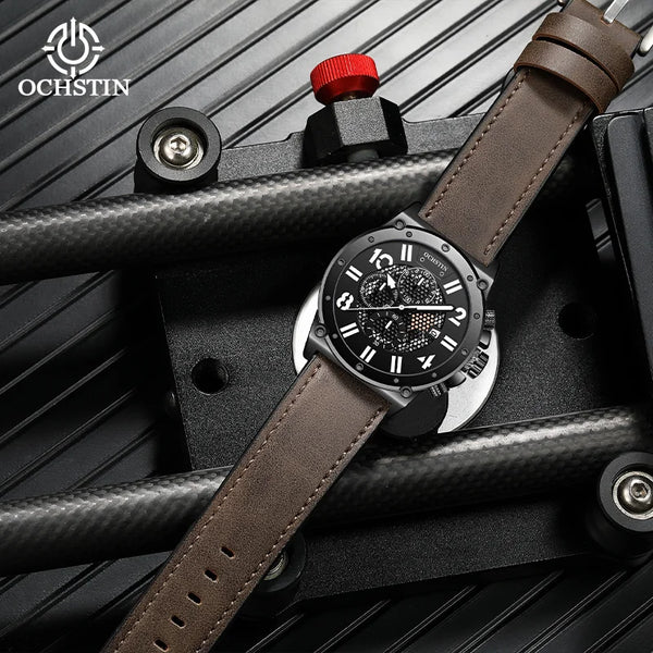 OCHSTIN Men’s Quartz Watch – Waterproof, Leather Strap, Luminous Hands, Multifunction Chronograph