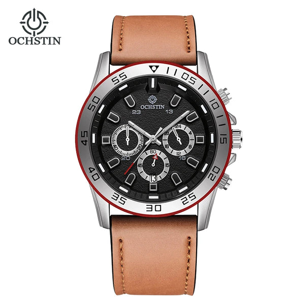 OCHSTIN Men’s Quartz Watch – Waterproof, Leather Strap, 24-Hour Display, Multifunction Classic Wristwatch
