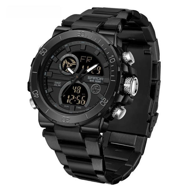 Solar-Powered Business Watch – Dual Display, Steel Band, Luminous Hands