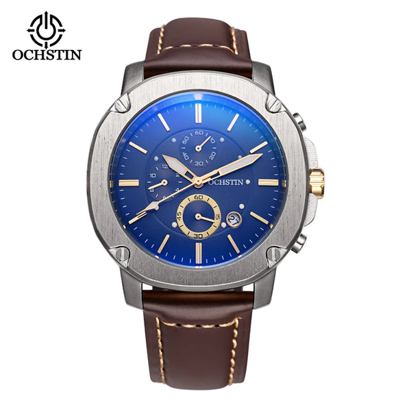 OCHSTIN Men’s Quartz Chronograph Watch – Waterproof, Leather Strap, Multifunction, Casual Business Style