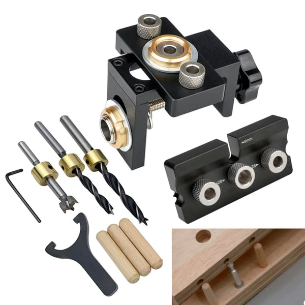 3 In 1 Adjustable Doweling Jig Woodworking Pocket Hole Jig with 6/8/10/12/15mm Drill Bit for Drilling Guide Locator Puncher Tool