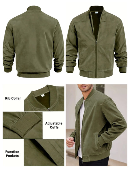 Men's Suede Bomber Jacket – Solid Color, Round Neck, Zipper Closure, Casual Sport & Golf Outerwear