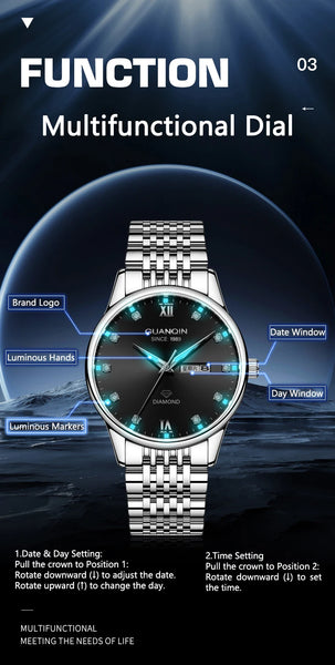 GUANQIN Men's Luxury Quartz Watch – Dual-Language Date, Waterproof, Luminous