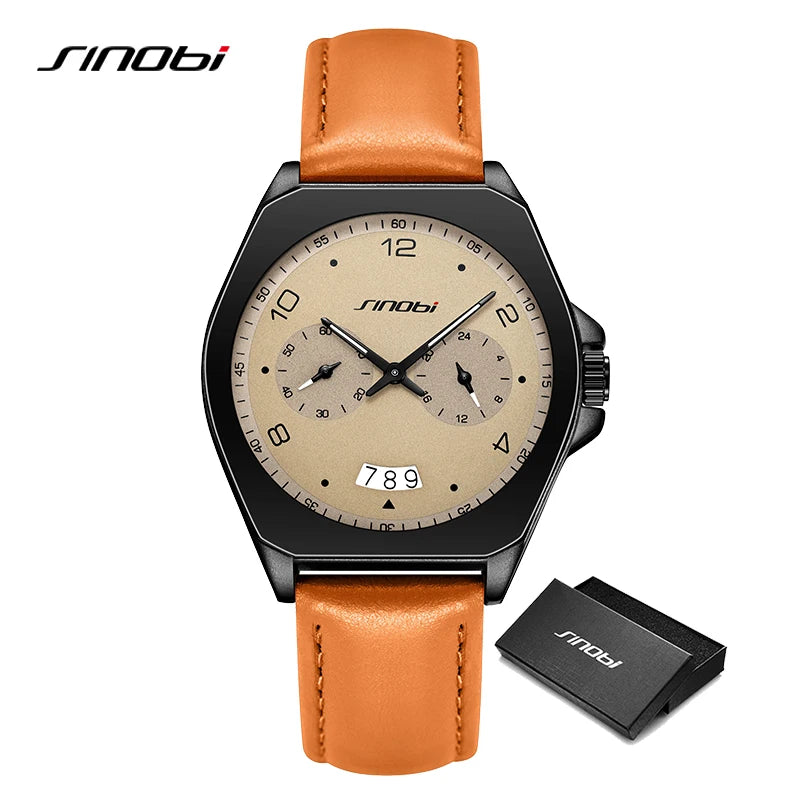 SINOBI Men’s Quartz Watch – Fashion Leather Strap, Waterproof, Top Brand Gift Wristwatch