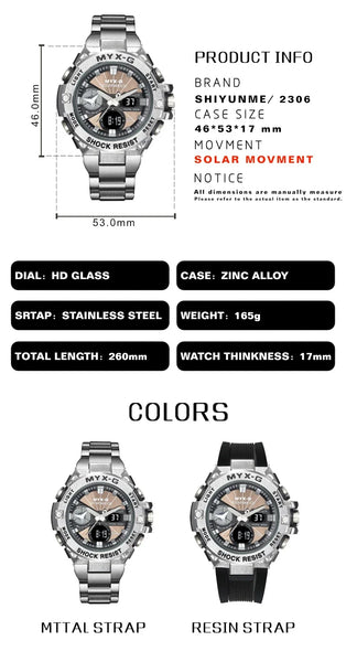 Men’s Eco Drive Watch – Solar + Motion Power, Windmill Dial
This solar-powered men's watch combines kinetic energy, alarm and timer functions, and a unique rotating windmill design—all housed in a durable all-steel body