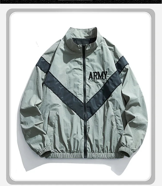 Men’s Vintage Bomber Jacket – Grayish Green, Hooded, Windproof, Quick-Dry, Reflective Training Coat