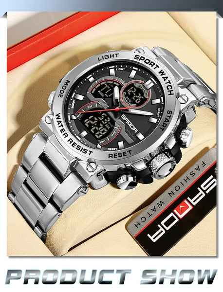 Solar-Powered Business Watch – Dual Display, Steel Band, Luminous Hands