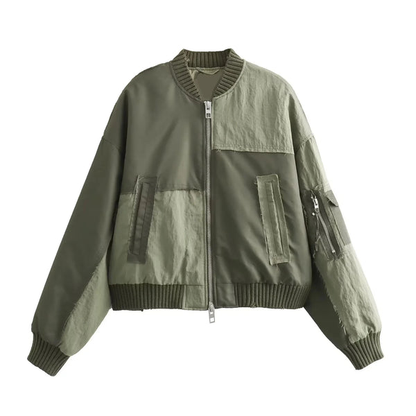 Women's Oversized Army Green Bomber Jacket – Streetwear Patchwork Style with Zipper Pockets, 2025 Fall/Winter Fashion