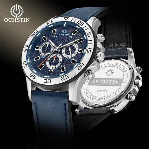 OCHSTIN Men’s Quartz Watch – Waterproof, Leather Strap, 24-Hour Display, Multifunction Classic Wristwatch