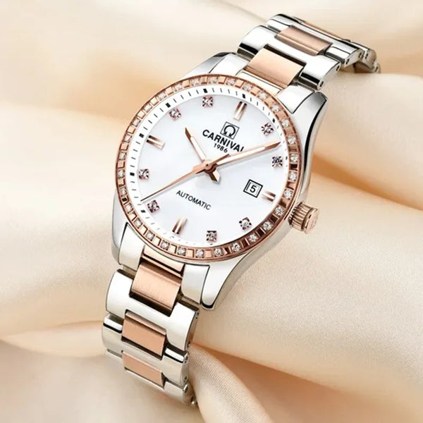 CARNIVAL Women’s Gold Automatic Watch – Tourbillon, Sapphire, Waterproof Stainless Steel, Elegant Reloj Mujer