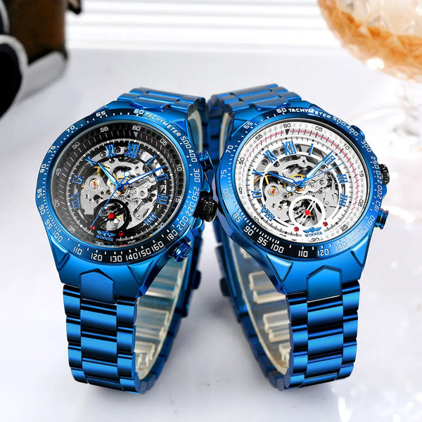 2024 Blue Dial Stainless Steel Skeleton Mechanical Automatic Watch Military Waterproof Male Wrist Watches High End Luxury