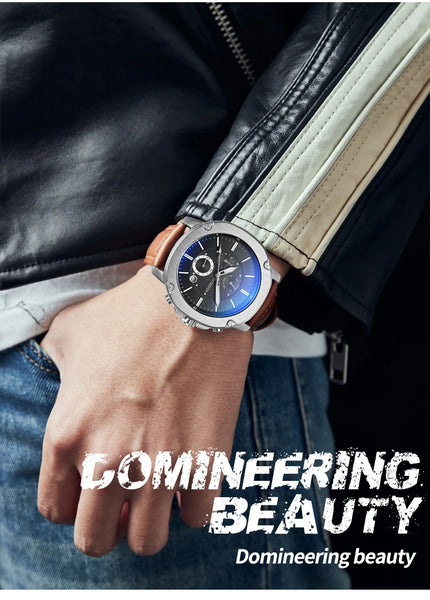 OCHSTIN Men’s Quartz Chronograph Watch – Waterproof, Leather Strap, Multifunction, Casual Business Style