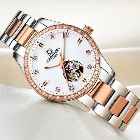 CARNIVAL Women’s Gold Automatic Watch – Tourbillon, Sapphire, Waterproof Stainless Steel, Elegant Reloj Mujer