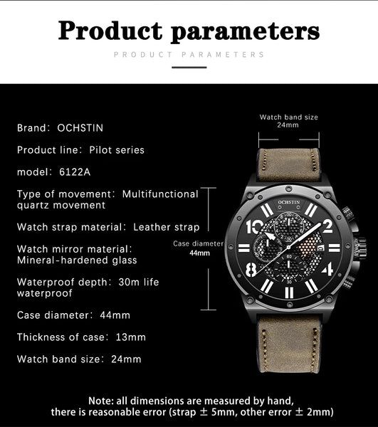 OCHSTIN Men’s Quartz Watch – Waterproof, Leather Strap, Luminous Hands, Multifunction Chronograph