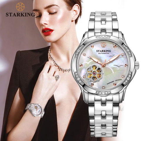 STARKING White Ceramic Women Watches Bracelet Sapphire Crystal Shell Dial Ladies Hollow Self-wind Mechanical Watch Elegance Relo-kopara2trade.myshopify.com-