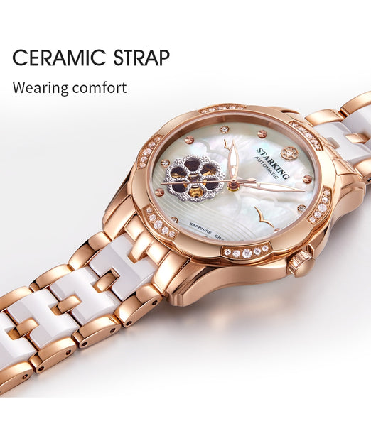 STARKING White Ceramic Women Watches Bracelet Sapphire Crystal Shell Dial Ladies Hollow Self-wind Mechanical Watch Elegance Relo-kopara2trade.myshopify.com-