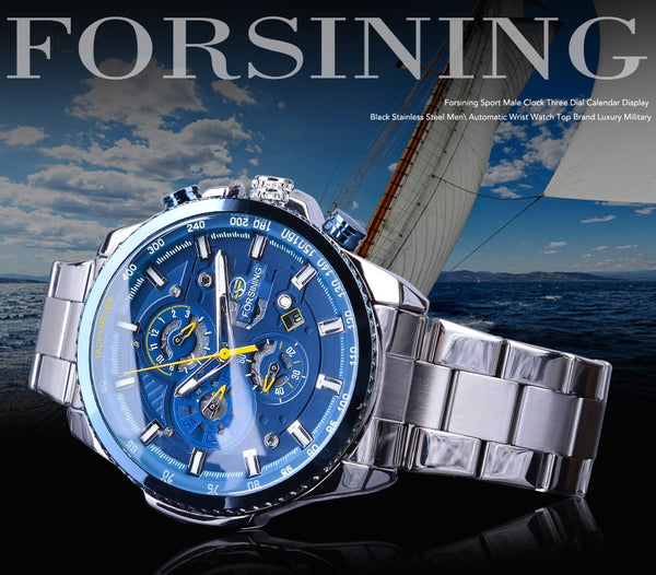 Forsining Blue Ocean Design Silver Steel 3 Dial Calendar Display Mens Automatic Mechanical Sport Wrist Wristwatches Top Brand Luxury-kopara2trade.myshopify.com-