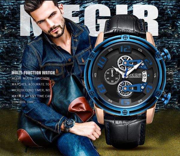 MEGIR Chronograph Men's Leather Sport Quartz Wristwatch Men Montre Homme Fashion Casual Men Wristwatches Military Analog-kopara2trade.myshopify.com-