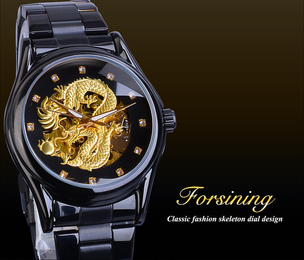 Forsining Luxury 3D Engraved Golden Dragon Automatic Mechanical Men Wristwatches Stainless Steel Band Sports Self-winding Wrist Wristwatch-kopara2trade.myshopify.com-