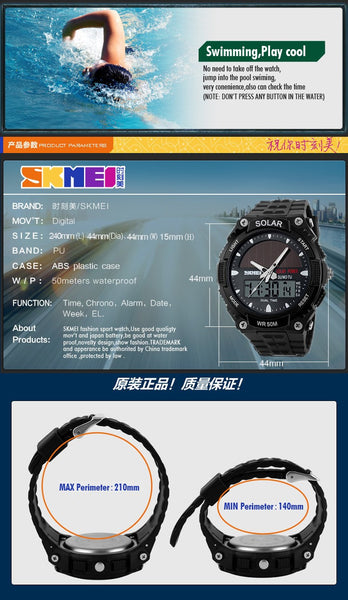 SKMEI SOLAR POWER Men Sports Wristwatches LED Digital Quartz Wristwatch 5ATM Waterproof Outdoor Dress Solar Wristwatches Military Wristwatch Solar-kopara2trade.myshopify.com-